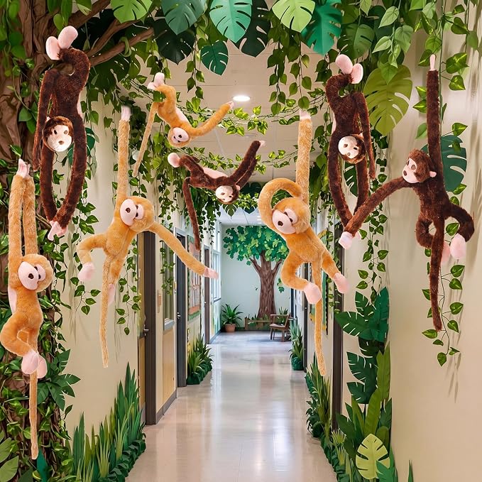 6 Pcs Hanging Monkey Stuffed Animal Jungle Classroom Party Decoration with 12 Pcs 7.22ft Artificial Vine Plush Hook and Loop Fastener for Kids Rainforest Safari Birthday VBS(Dark Brown, Yellow,21 in)