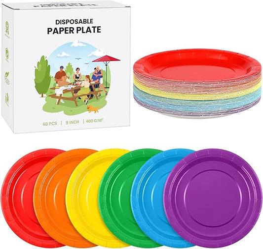 Kochorie 60 Pieces Rainbow Disposable Paper Plates 9 Inch Heavy Duty Dinner Plates, Solid Color, Table Decorations Party Supplies for Birthdays, Weddings, Daily Use
