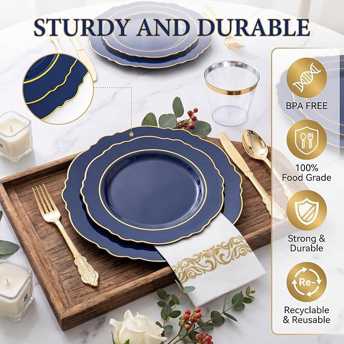 KIRE 210Pcs Navy Blue Plastic Plates - Blue and Gold Plates Disposable - 30guest Baroque Plastic Dinnerware for Upscale Wedding/Parties/4th of July