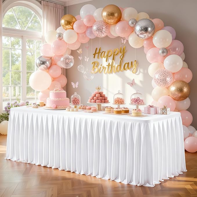 Wish Care 8 Pack Satin Table Cover Skirts for 6ft Rectangular Tables, White Shimmer Silk Tablecloth with Floor Length Ruffle for Wedding Banquet Party Buffet Decoration
