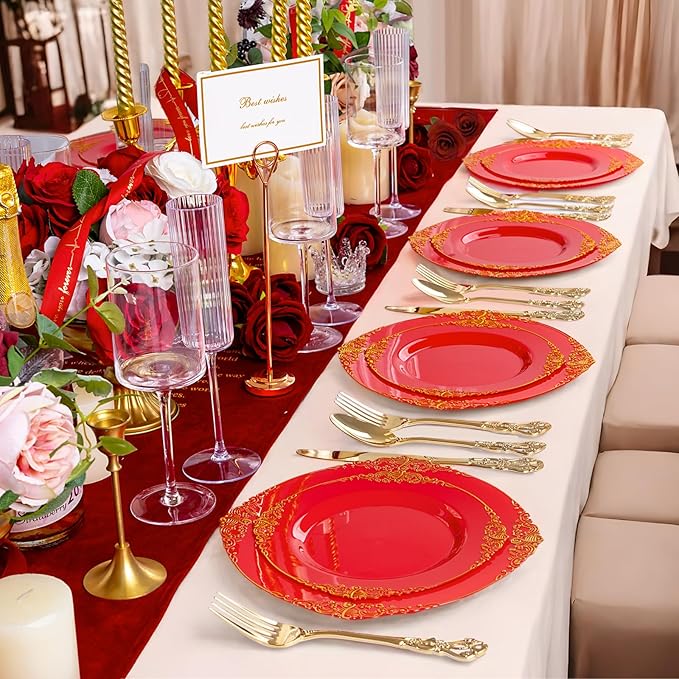 102PCS Red and Gold Plastic Plates - Red Plates Disposable - Vintage Plastic Plate with Gold Rim Include 51PCS Dessert & 51PCS Dinner Plate Perfect for Weddings & Party