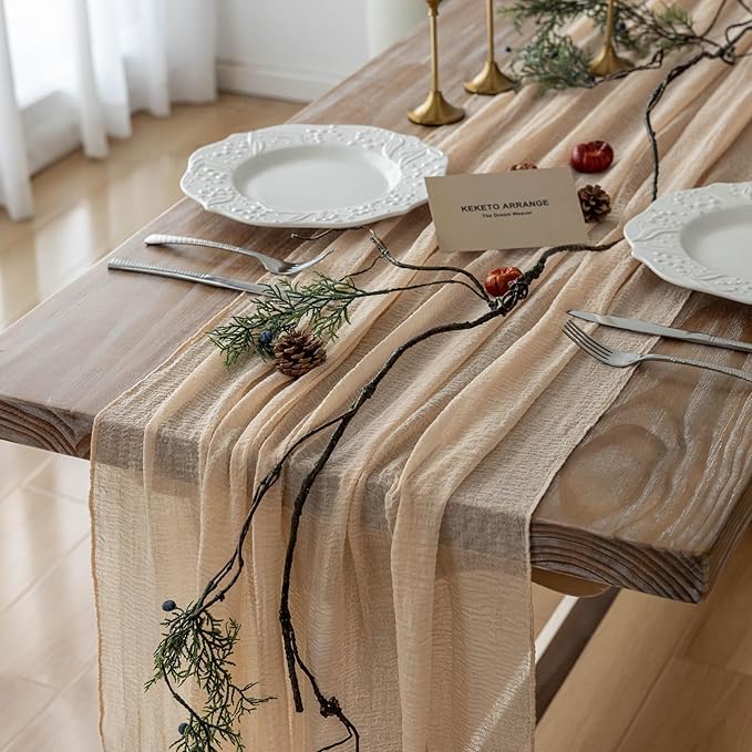 Keketoarrange 6pcs Deep Beige Cheesecloth Table Runner Rustic Boho Butter Gauze 120 Inch 10 FT Cheese Cloth for Wedding Baby Bridal Shower Birthday Engagement Party Long Sheer Spring Home Decorations
