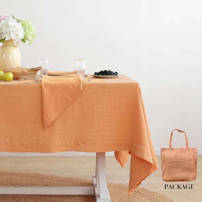Linen World Vintage Tablecloths 60x108 Inch,100% French Linen Tablecloth,Classic Vintage Washed Table Cloths for Kitchen,Outdoor,Weddings,Decorative Thanksgiving Christmas,Pale Peach