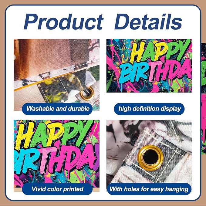 Neon Paint Splatter Birthday Backdrop 7x16ft Waterproof -Graffiti Garage Door Banner for Teen Party,Youth Photo Booth Background Wall Decor
