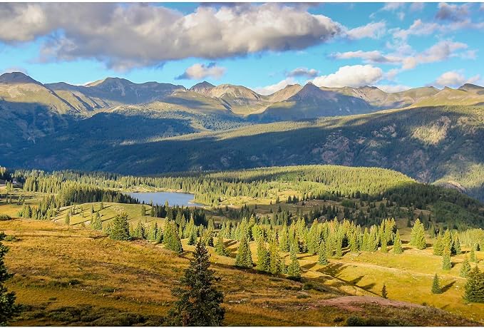 Mountains Lake Backdrop Pine Trees Forest Natural Landscape Photography Background Outdoor Hiking Camping Backdrop Cloudy Blue Sky Background Photo Portraits Video Studio Photo Booth Props 20x10ft