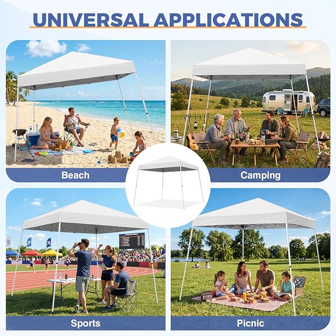COOS BAY 10x10 Pop Up Canopy Tent, Portable Outdoor Shelter with Carry Bag for Tailgate, Party, Beach, Picnic, and Camping, 10x10 Base 8x8 Top, White