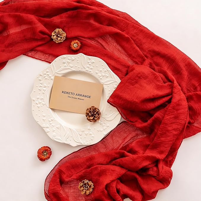 Keketoarrange 10pcs Red Cheesecloth Table Runner Cheese Cloth Rustic Gauze Table Runner 120 Inch 10 FT for Wedding Baby Bridal Shower Sheer Boho Holiday Spring Home Decorations