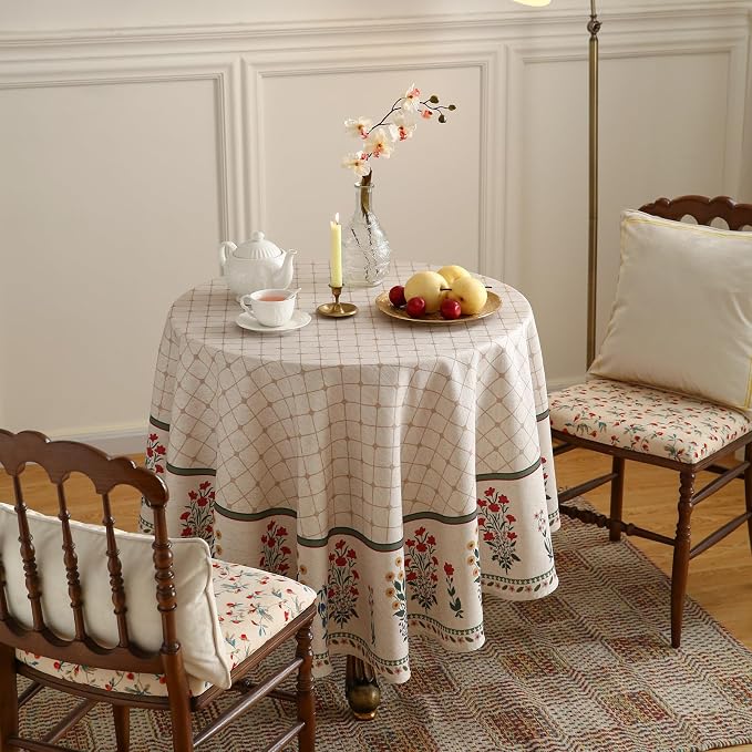 ISAENNE Designer French Round Linen Tablecloth,Diameter 55"-Bertina E | Elegant Vintage Table Cloth,Colorful Floral Pattern,Beautiful,Durable,Heavyweight,Dining Room,Kitchen,Thanksgiving,Decor