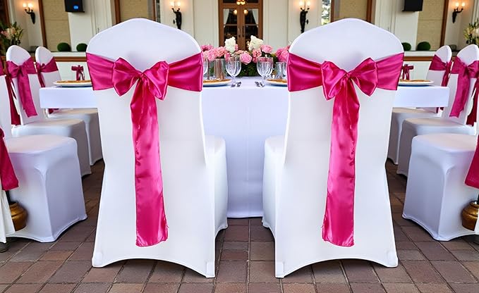 MDS Satin Chair Sashes, 200 Pack, 7”x108” Each, Decorative Chair Bows Ribbon Tie Backs for Wedding Party, Holiday Dinner, Birthday, Reception, Banquet, Hotel & Event Decoration - Magenta