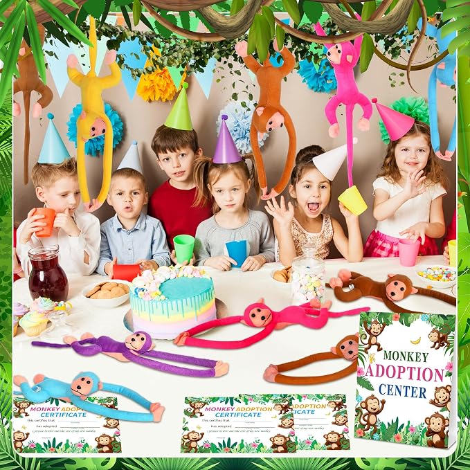 25 Pcs Adopt a Hanging Monkey Plush Party Supplies Jungle Animal Include 12 Plush Safari Animal 12 Adopt Cards 1 Adopt Sign for Adopt A Pet Party (Monkey, 12 Set)