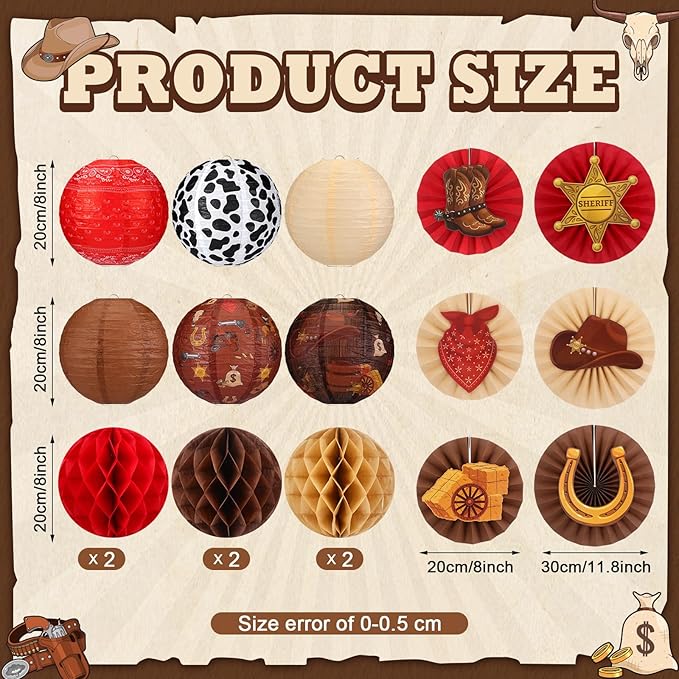 Retisee 18 Pcs Western Cowboy Party Decor Theme Hanging Paper Lanterns with Wagon Wheels Straw Hay Bales Honeycomb Ball Fans for Wild West Rodeo Birthday Wedding Supplies