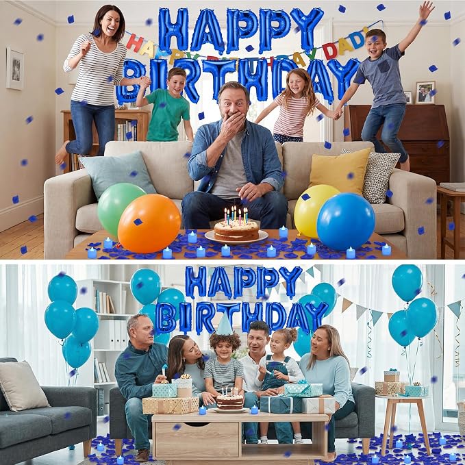 Blue Happy Birthday Balloons Decorations Happy Birthday Letter Balloons Banner Set with 24pcs Round Flameless LED Candles and 2000pcs Artificial Rose Petals for Women Men Room Party Decor