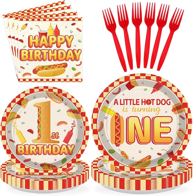 96Pcs Hot Dog 1st Birthday Party Supplies A Little Hotdog Is Turning One Plates and Napkins Fast Food Sausage Disposable Tableware Set for Kids One Year Old Birthday Baby Shower Decorations Serves 24