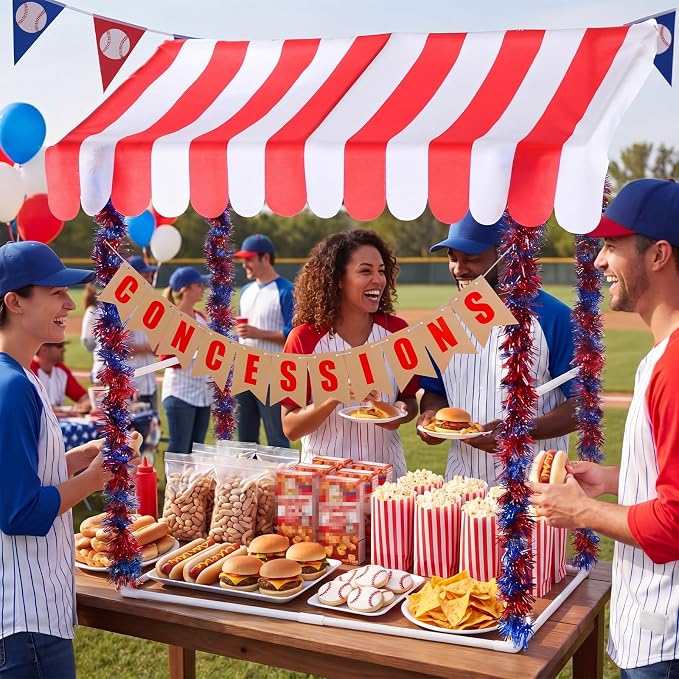 Concessions Stand Supplies Baseball Party Decoration with 1 Set Stand 1 Red and White Striped Sunshade Cloth 4 Red and Blue Tinsel 1 Concessions Banner for Baseball Sport 4th of July Party Decor
