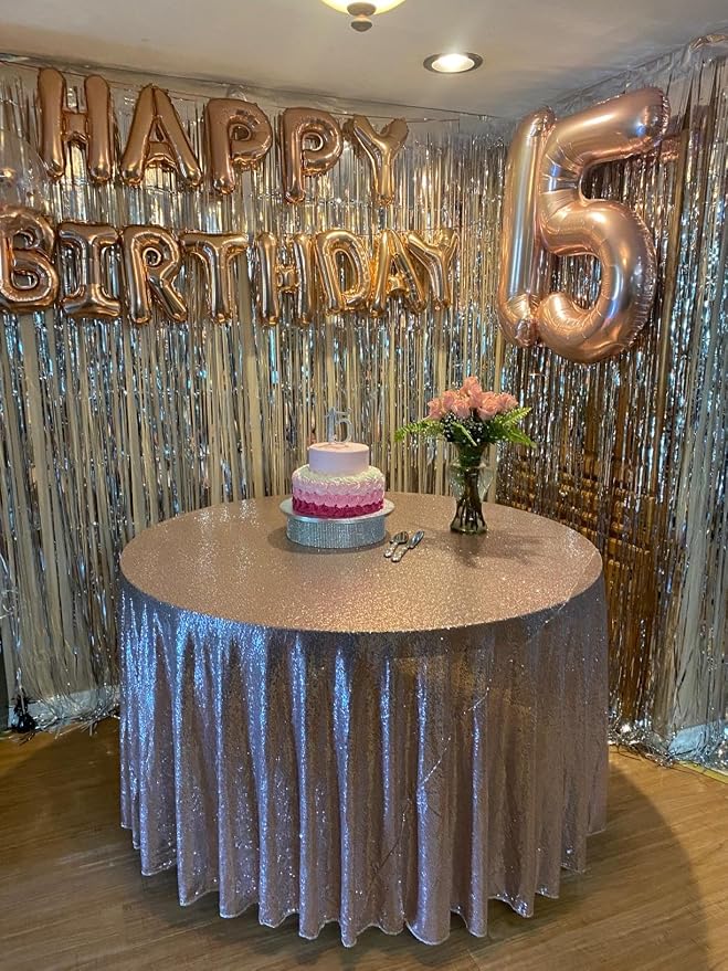 Sequin Tablecloth for Parties 132 Inch - Sparkle Glitter Cloth Round Table Cover Overlay for Wedding Baby Shower Ceremony Birthday Cake Table Holiday Banquet Decoration(Rose Gold)