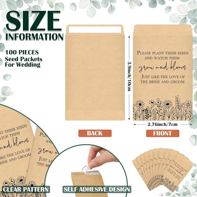 Ctosree 100 Set Wedding Favors for Guests Bulk Include 100 Pcs Self Adhesive Seed Packets Kraft Paper Seed Envelopes Let Love Grow Cards and Organza Gift Bags for Bridal Shower(Classic)