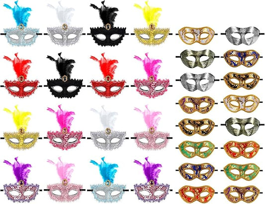 Sratte Mardi Gras Couple Masquerade Mask with Feather Flower Unisex Half Face Venetian Mask for Carnival Parade Valentine
