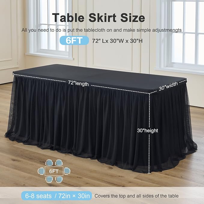 familus 6ft Black Spandex Fitted Tablecloth with Tulle Table Skirt - 2-in-1 Structured Tutu Table Cover for Weddings, Trade Shows, Banquets & Professional Events