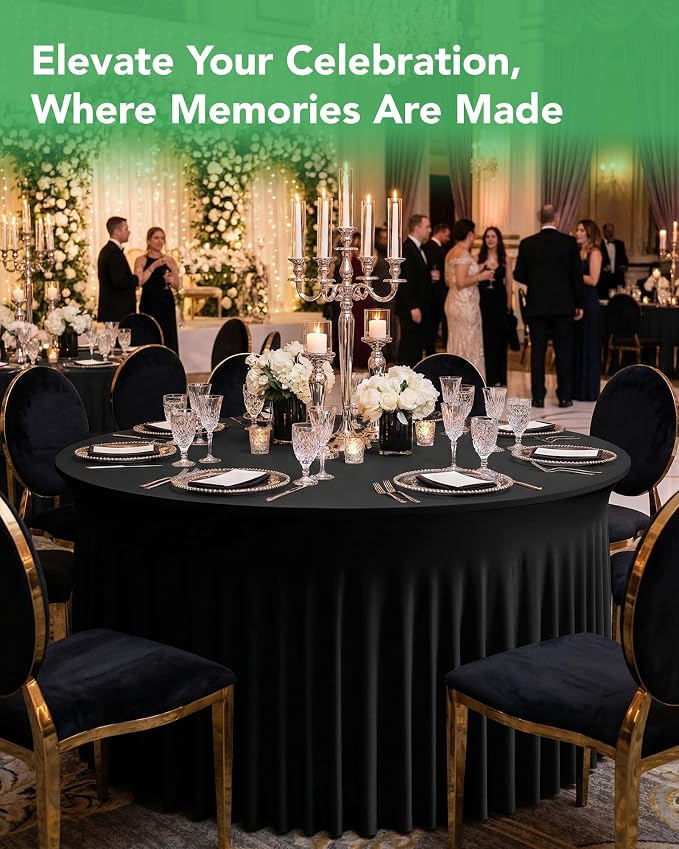6 Pack Spandex Table Cover Skirts for 60 inch Round Tables, Black Stretch Table Cloths with Floor-Length Ruffle, Elastic Fitted Skirted Tablecloth for Elegant Wedding Banquet Party Buffet Decoration