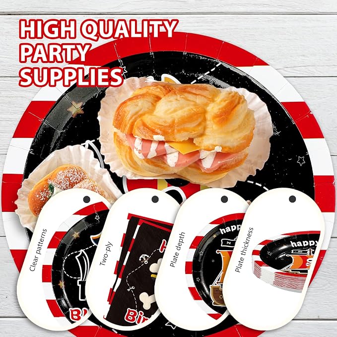 96Pcs Pirate 5th Birthday Party Decoration Pirate Fifth Birthday Plates and Napkins Red Black Ship Skull Disposable Paper Tableware Set for Kids Boys 5 Year Old Party Supplies Serves 24