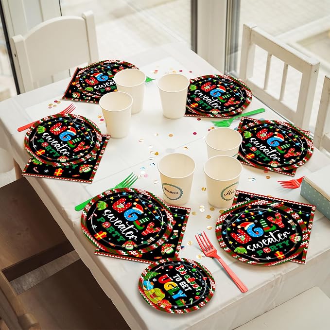 Kepeel 96Pcs Christmas Ugly Sweater Party Plates, Merry Christmas Party Decorations Supplies for Winter Holiday Xmas Family Gathering Birthday Party Disposable Tableware Set, Serves 24