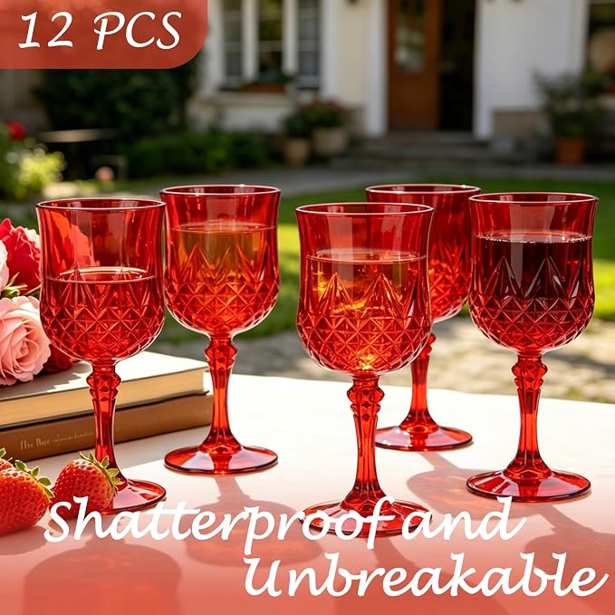 Plastic Wine Glasses, Plastic Goblets Vintage Style Cordial Unbreakable Drinking Glasses, Reusable Drinkware for Wedding Reception, Grand Event Party Supplies (12, Red)
