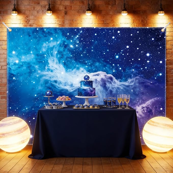 Galaxy Backdrop 8x6ft Starry Sky Universe Space Nebula Photo Background – Cosmic Galaxy Wall Hanging for Bedroom Decor & Party Decorations with Ribbon, Polyester Fabric