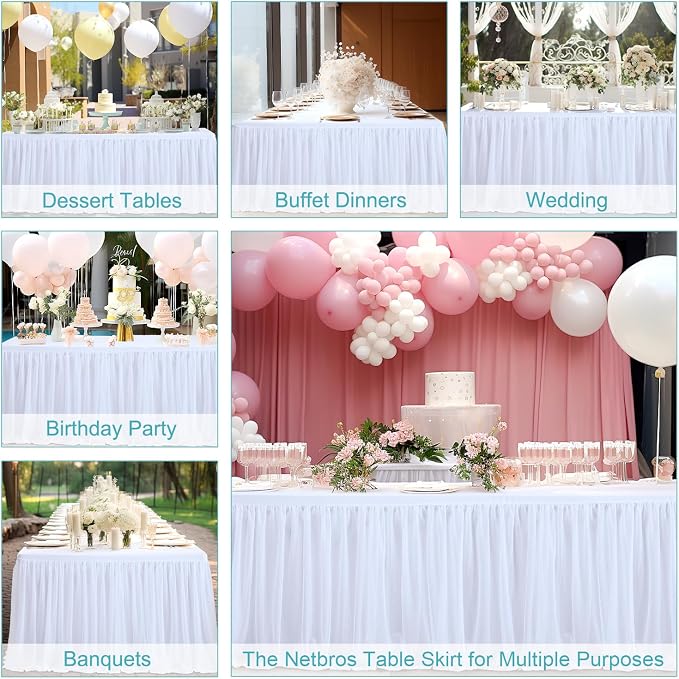 White Tulle Tablecloth Table Skirt for 6 Foot Rectangle Tables | Wedding Table Cloths, Ruffle Tutu Design, Stretch Fitted, For Parties Birthdays Reception Baby Shower Celebration Banquet