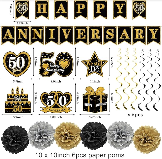 Turypaty Happy 50th Anniversary Decorations Kit, Black Gold 50th Wedding Anniversary Party Supplies - Large Happy Banner Backdrop, Table Centerpieces, Hanging Swirls, Paper Pompoms