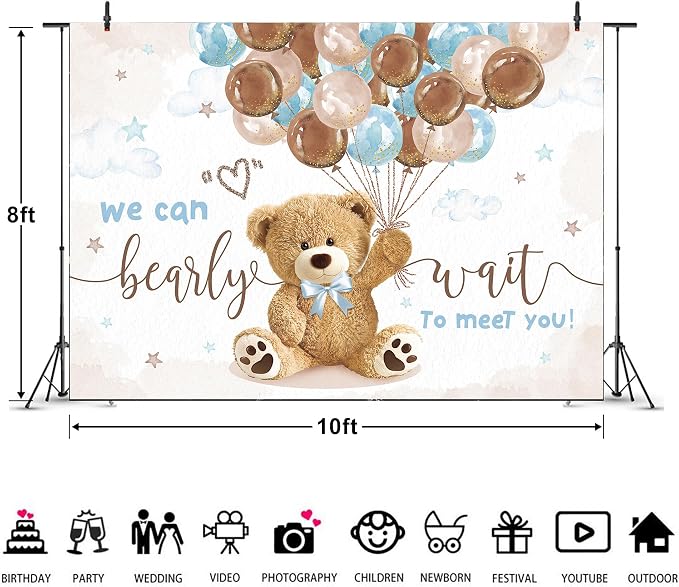 We Can Bearly Wait Backdrop 10Wx8H Feet Bear Baby Shower for Boys Cute Cartoon Brown Blue Balloons Clouds Gold Dots Vinyl Newborn Photography Backgrounds Photo Shoot Decor Props Decoration