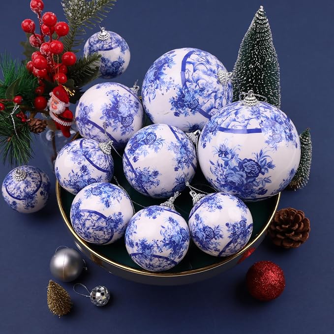 10 Pcs White Blue Christmas Chinoiserie Ornaments Ball Christmas Porcelain Plastics Balls Hanging Decoration for Home Tree Xmas Party Birthday Wedding (Elegant Style)