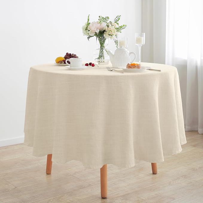 Linen World Round Linen Blend Tablecloth 90" Inch,Linen Loook Soft Cool & Breathable,Machine Washable Natural Table Cloth for Dining, Kitchen, Outdoor, Easter-Sand Beige