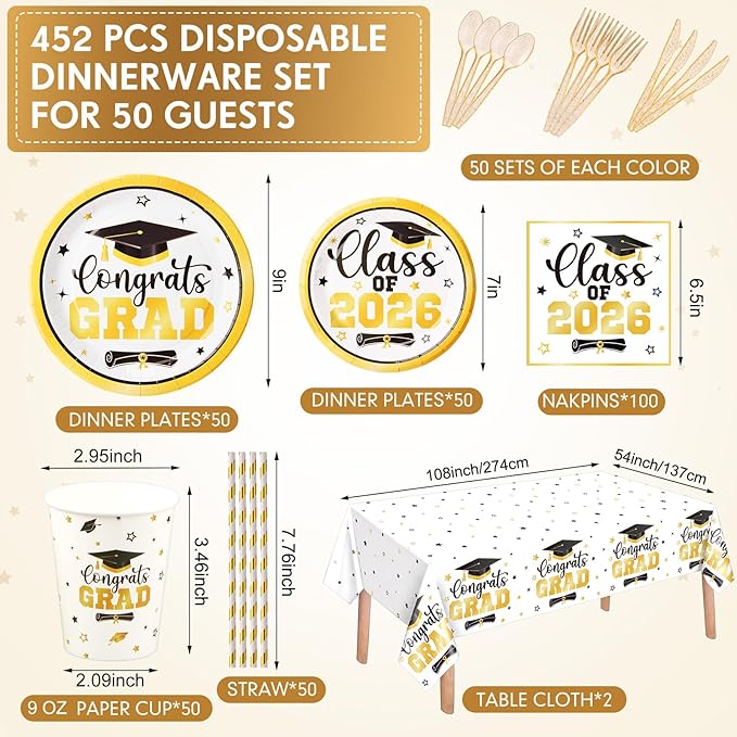 Funnymoom 452 Pcs Class of 2026 Gold Graduation Party Supplies for 50, White Gold Graduation Paper Plates Napkins Cups Tablecloth Cutlery Straws for College High School Congrats Grad Party Decoration