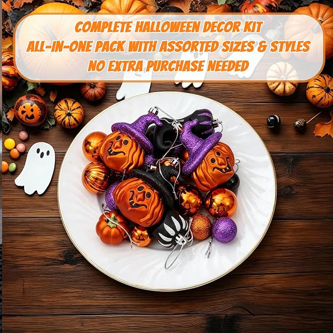 56pcs Halloween Hanging Ornaments for Tree Decorations, Shatterproof Plastic Hanging Halloween Ball Pendants with Pumpkin, Witches Hat Signs, Halloween Tree Decor Party, Holiday, Home (Multi New)