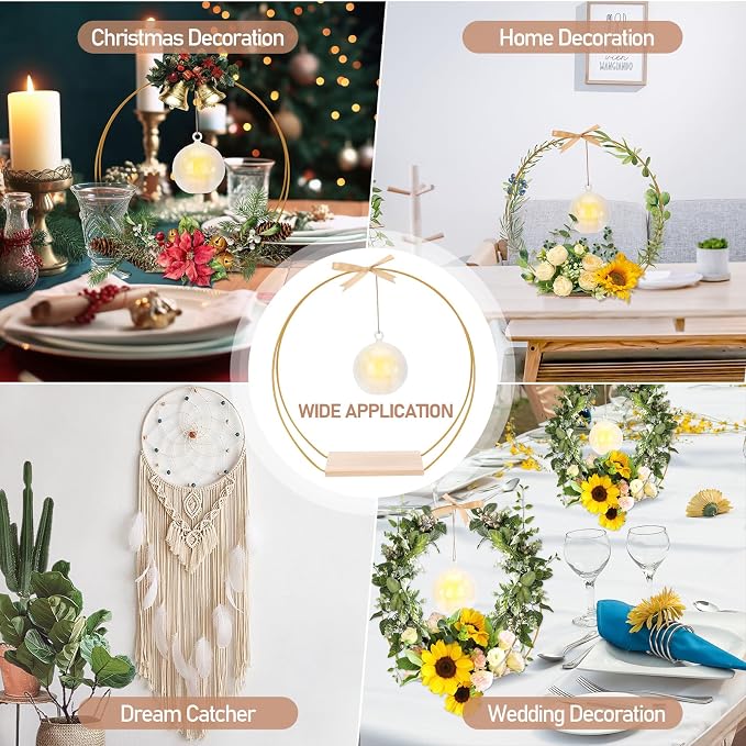 cenoz 8 Pack 12Inch Double Floral Hoop Centerpiece for Tables, Hoop Centerpiece Kit with Candle Light & Clear Acrylic Base, Metal Wreath Ring for DIY Table Wedding Decorations(Flower Not Included)