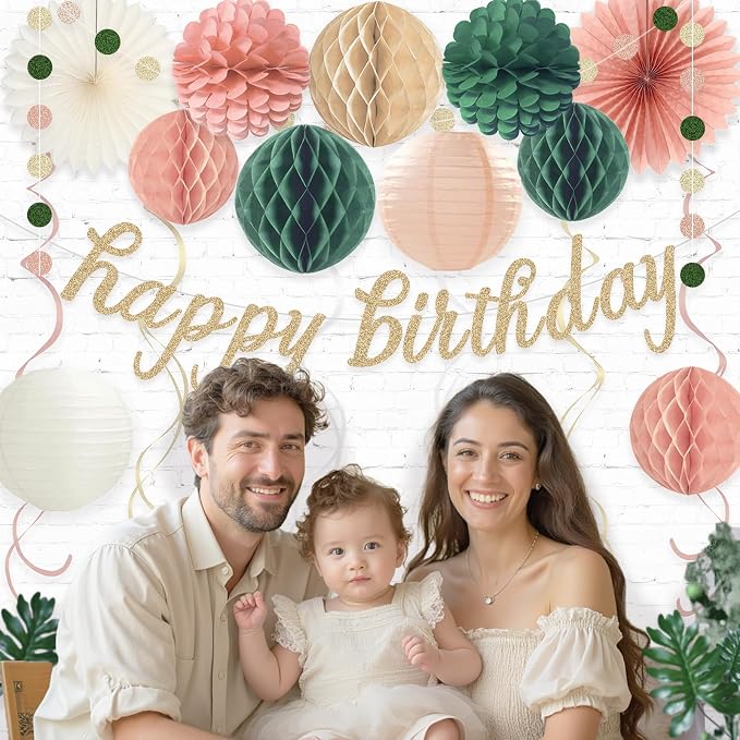 Pink Sage Green Happy Birthday Decorations, Pre-Strung Happy Birthday Banner with Honeycomb Balls, Paper Flowers, Lanterns, Hanging Swirls, Circle Dots Garland for Birthday Party Decorations 24pcs