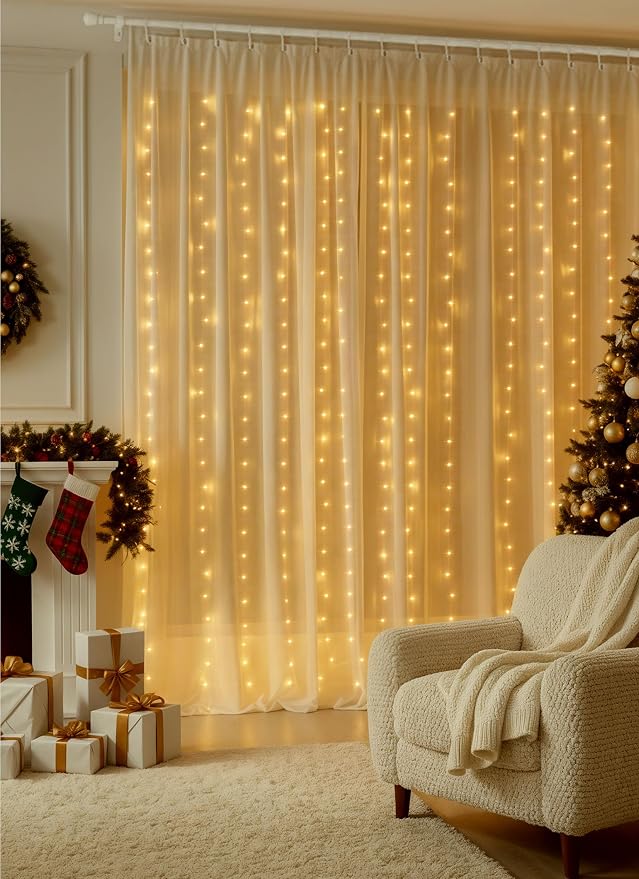 Brightown 600 LED Curtain String Lights, 20 FT Hanging Fairy Lights with Remote, 8 Modes, Waterproof Window Lights for Bedroom Backdrop Wedding Outdoor Christmas Party, Warm White