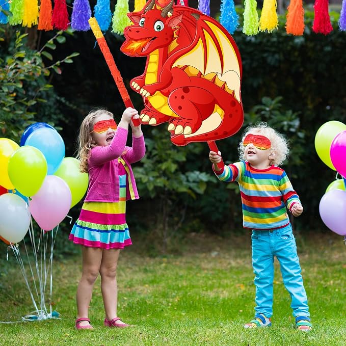 Dinosaur Pinata Set Dino Themed Pinata with Stick and Blindfold Girls Dinosaur Birthday Party for Animal Theme Party Decoration Baby Shower Game Supplies(Red Dino)