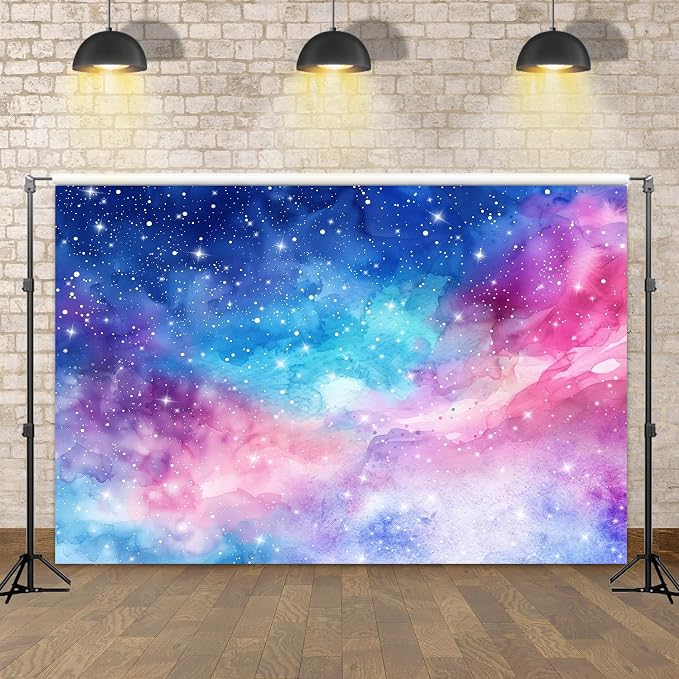 Starry Sky Backdrop Outer Space Galaxy Fantasy Universe Planet Night Star Watercolor Mysterious Pink Purple Photography Background Decoration for Kids Birthday Fabric Photo Shoot Studio Props