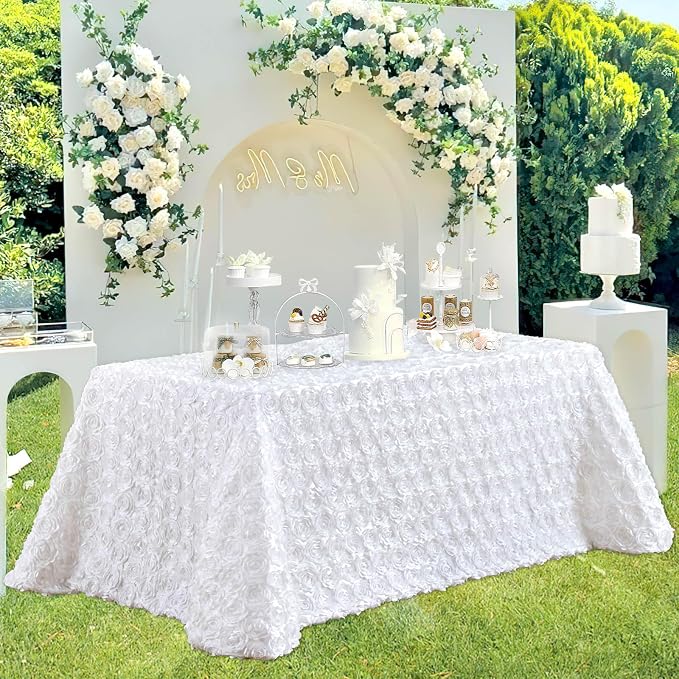 B-COOL White Rosette Tablecloth 90 by 132 Inch White Table Cover 3D Rectangle Floral Tablecloths Wedding Birthday Banquet Party Tabletop Decorations