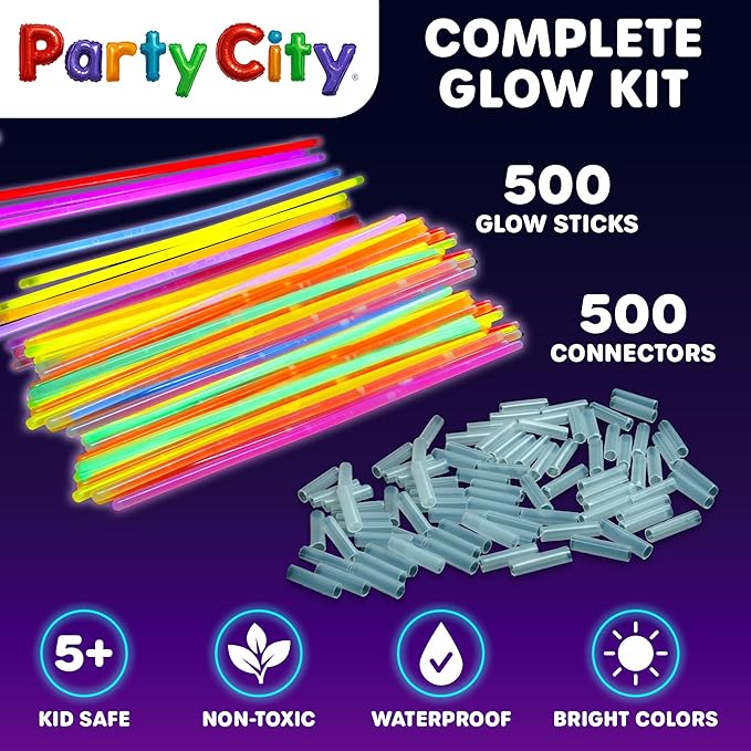 Party City 500 Glow Sticks Bulk Party Pack 8”– Neon Glow in the Dark Party Supplies, Glowsticks with Connectors Bracelets & Necklaces, Light Up Favors for Kids, Adults, Birthdays, Parties, Decorations