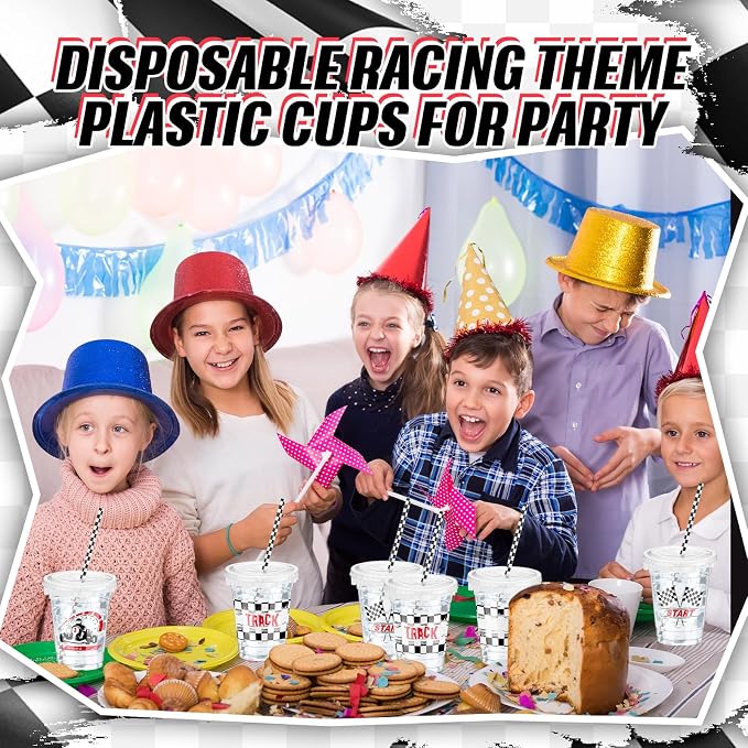 FoldTier 50 Pcs Checkered Racing Party Plastic Cup 12 oz Checkered Flag Thick Transparent Cup Black and White Cups Race Car Birthday Party Supplies for Racecar Sports Themed