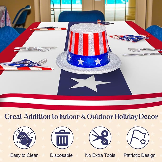 Kochorie 100 Ft x 54 Inch 4th of July Tablecloths Roll with Slide Cutter Box Patriotic Disposable Plastic Table Cover Roll Independence Day Backdrop for Memorial Day Party Supplies