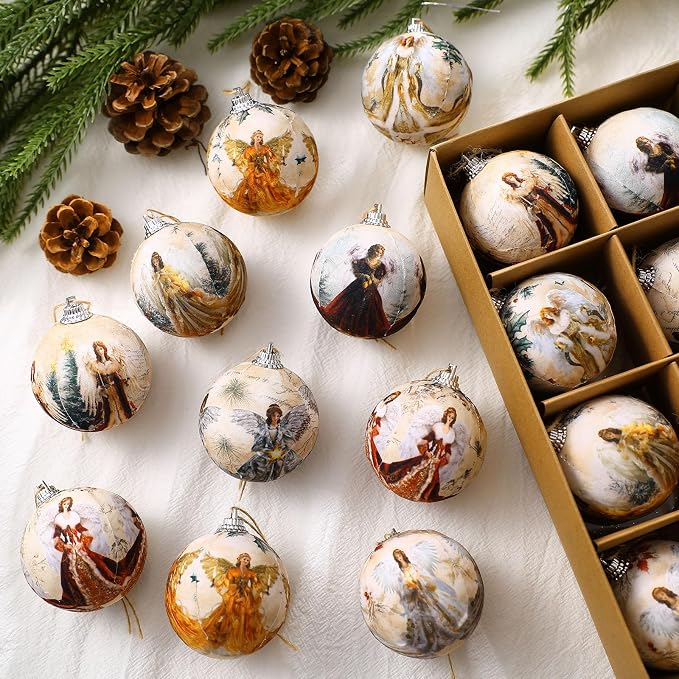 Outus 16 Pcs Christmas Tree Ball Ornaments Vintage Angel Christmas Decorations for Tree Colorful Xmas Decorative Hanging Ornaments for Farmhouse Home Fireplace Decoration Holiday Party Favors