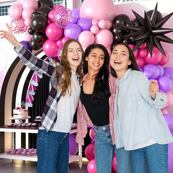 Hot Pink and Purple Balloon Arch Kit, Black Hot Pink Purple Balloons Garland Kit Latex Party Balloons with Confetti Balloon Star Balloons for Girls Birthday Party Baby Shower Party Decoration