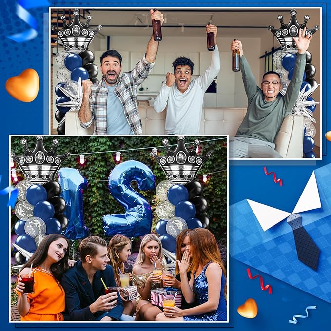 2 Sets Blue and Black Birthday Decorations Balloon Column Stand Kit with Crown, Navy Blue, Black and Silver Balloons Arch Kit for Prom Men Birthday Retirement Baby Shower Wedding Party