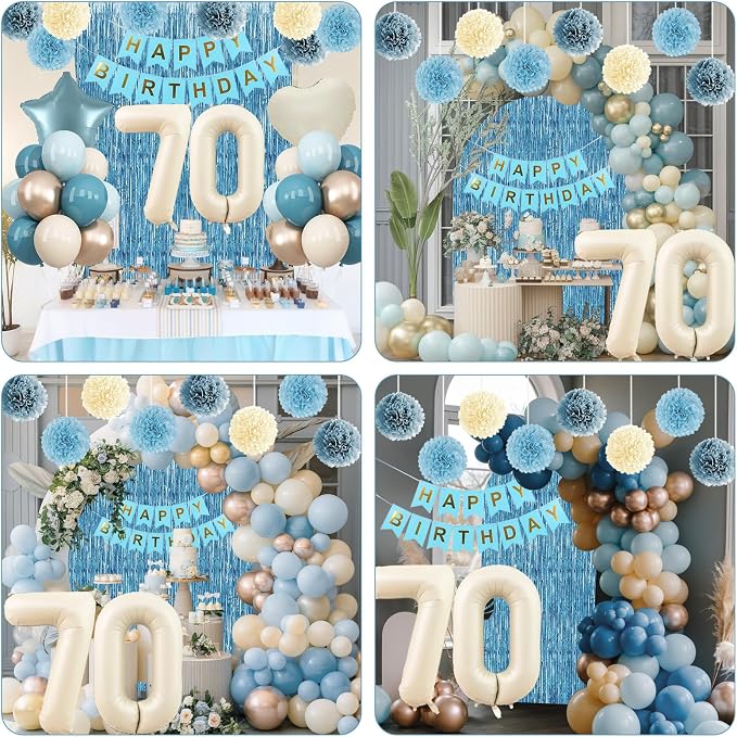 Dusty Blue 70th Birthday Party Decorations for Women Men Beige Cream Number 70 Balloon with Blue Gold Happy Birthday Banner Fringe Curtain Paper Pom Poms Nude White Sand Champagne Star Foil Balloons