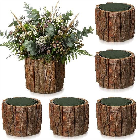 6 Set Wooden Vase for Centerpieces Wedding Flower Table Centerpieces Decor Rustic Bark Stump Bucket Farmhouse Wood Planter Pot for Woodland Party Window Home (Flower Foam,Large)