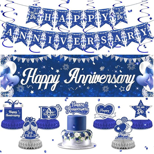 Blue Silver Wedding Anniversary Decorations Set Blue Happy Anniversary Banner Hanging Letter Banner Table Honeycomb Centerpieces Hanging Swirls Cake Topper for Men Women Wedding Anniversary Party