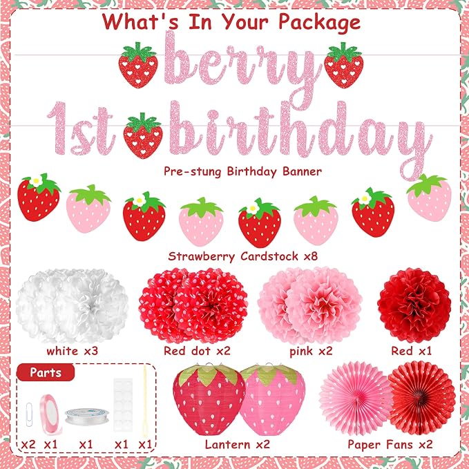 Kriyokiaa Berry First Birthday Decor 14 Pcs Strawberry 1st Birthday Decorations for Girls with Banners, Paper Lantern, Paper Pom Poms Perfect for Baby Girl Party Decoration
